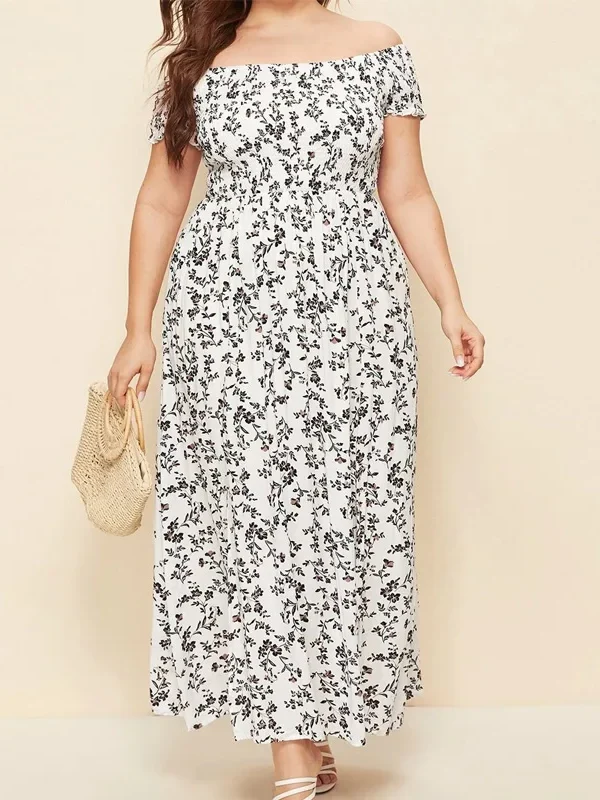 Summer Womens Boho Floral Print Off Shoulder A-Line Plus Size Dress