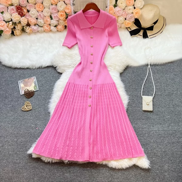 Spring Summer Women Knitted A Line Dress Turn Down Collar Mid Calf Length