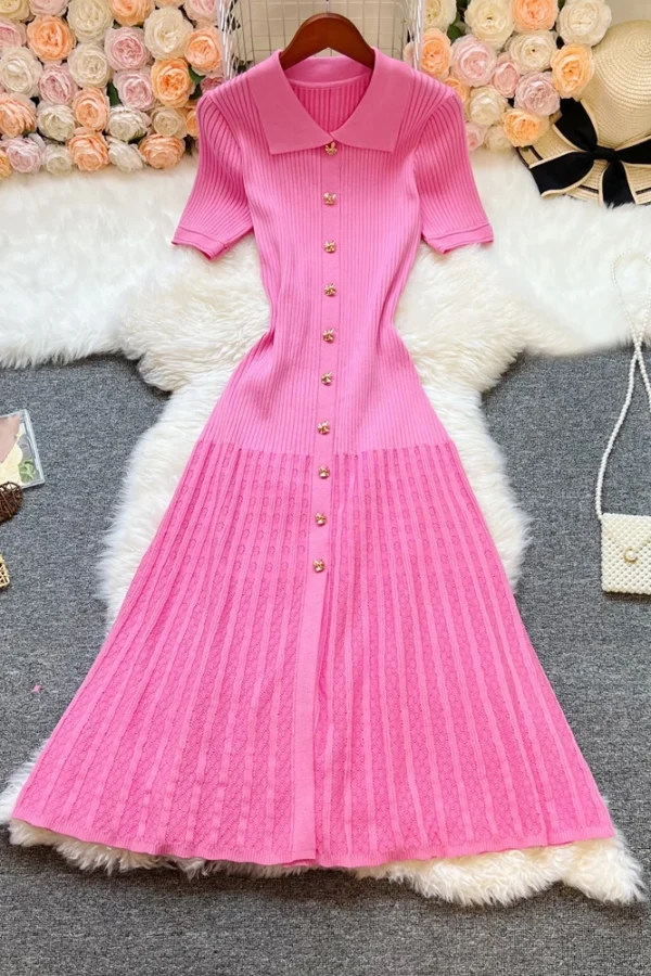 Spring Summer Women Knitted A Line Dress Turn Down Collar Mid Calf Length