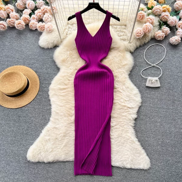 Women's V Neck Sleeveless Knit Bodycon Dress Mid Calf Streetwear