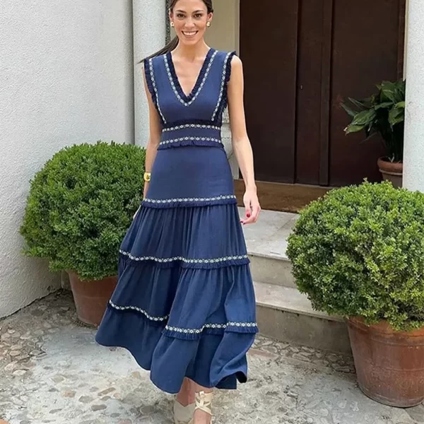 Women's Summer V Neck Sleeveless A Line Maxi Dress