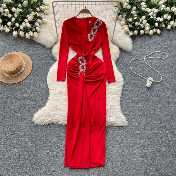 Alternative view of Autumn Winter Womens Vintage V-Neck Rhinestone Slim Ankle Length Dress