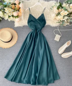 V-Neck Spaghetti Strap A-Line Mid Calf Vintage Women Dress
