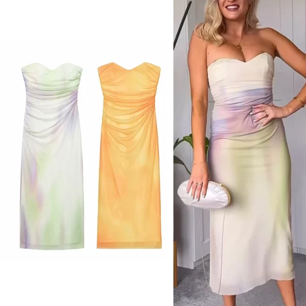 Summer 2025 Strapless Tie Dye Midi Dress for Women Slim Fit Polyester Party Dress