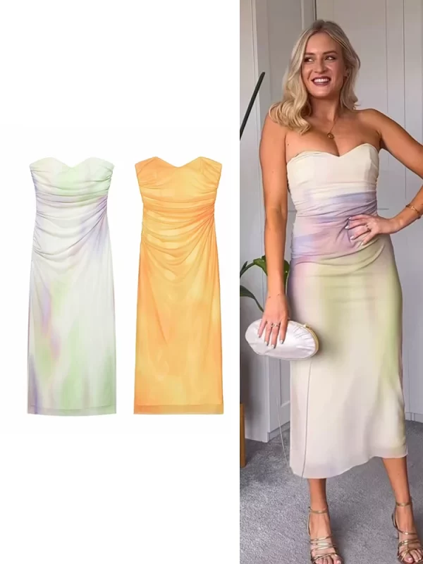 Summer 2025 Strapless Tie Dye Midi Dress for Women Slim Fit Polyester Party Dress