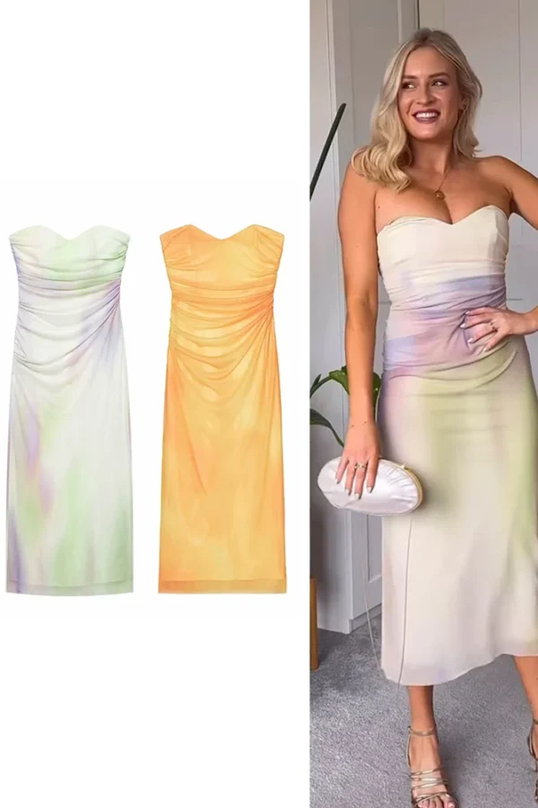 Summer 2025 Strapless Tie Dye Midi Dress for Women Slim Fit Polyester Party Dress