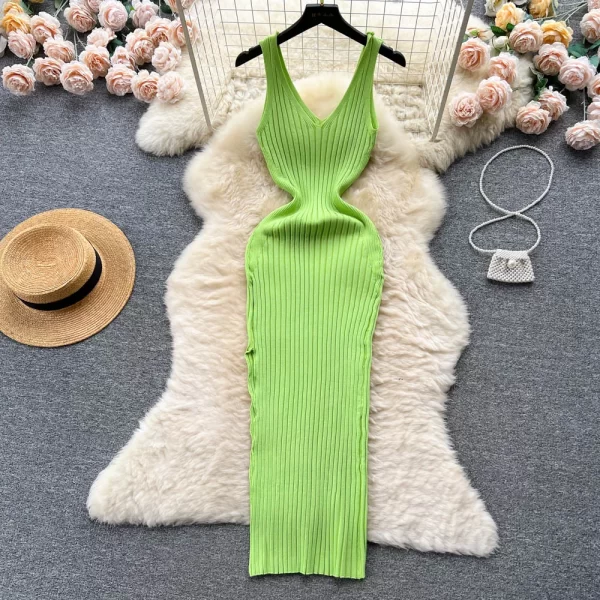 Alternative view of Women's V Neck Sleeveless Knit Bodycon Dress Mid Calf Streetwear