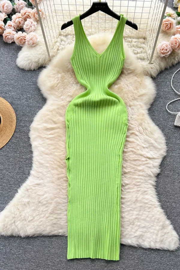 Alternative view of Women's V Neck Sleeveless Knit Bodycon Dress Mid Calf Streetwear