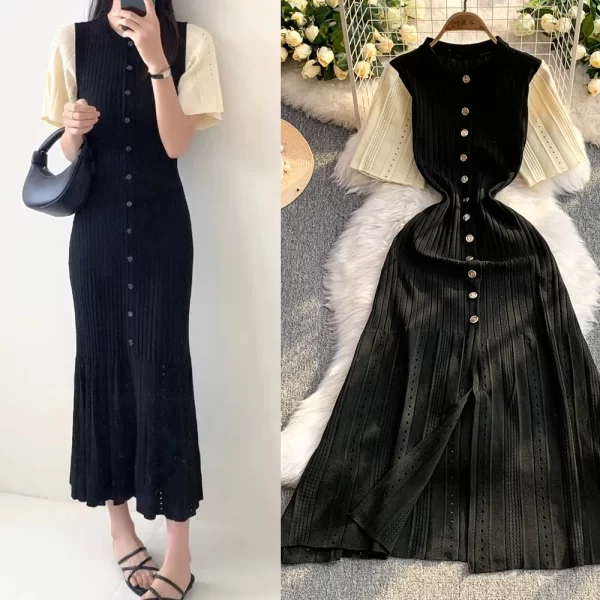 Black Knit Maxi Dress for Women A Line Single Breasted Flare Sleeve Ankle Length