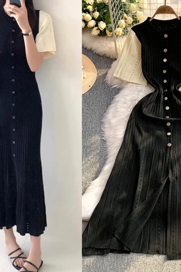 Black Knit Maxi Dress for Women A Line Single Breasted Flare Sleeve Ankle Length