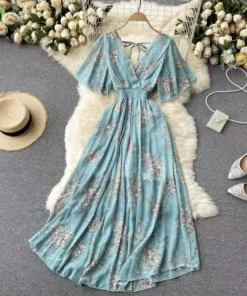 Women Summer V Neck Floral Print Chiffon A Line Beach Dress
