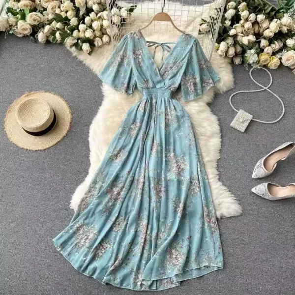Women Summer V Neck Floral Print Chiffon A Line Beach Dress