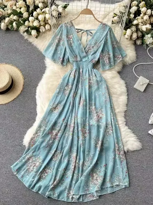 Women Summer V Neck Floral Print Chiffon A Line Beach Dress