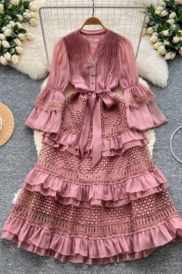 Womens Vintage A-Line Lace Dress V Neck Flare Sleeve Mid Calf Autumn Winter