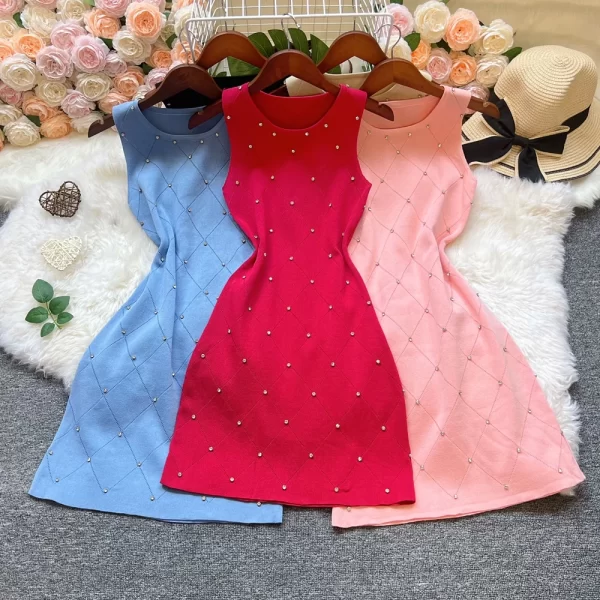 2025 Summer Knitted Beaded Bodycon Mini Dress for Women Streetwear