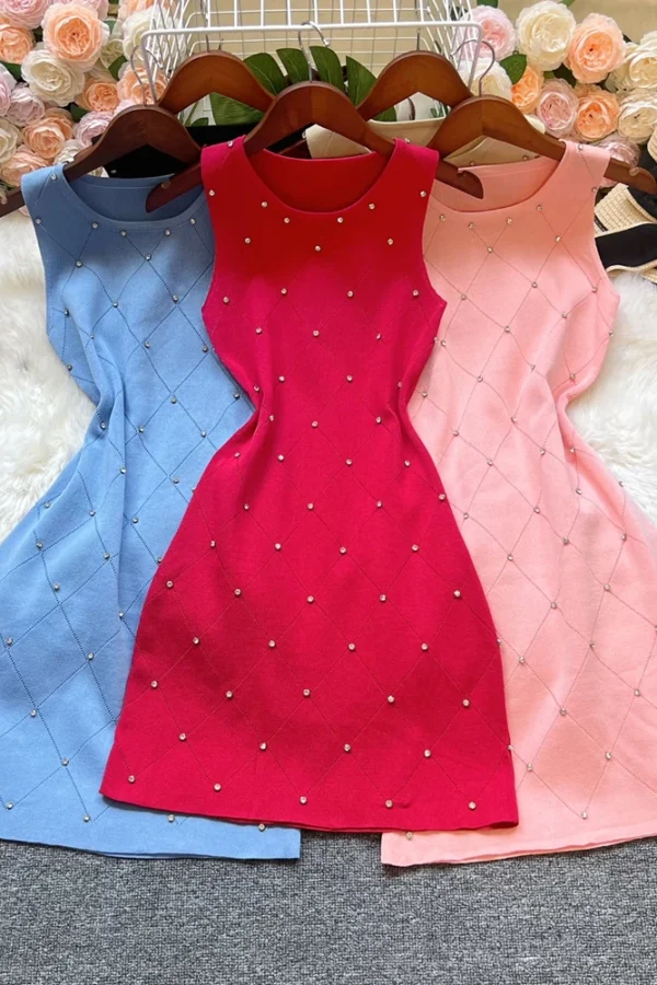 2025 Summer Knitted Beaded Bodycon Mini Dress for Women Streetwear