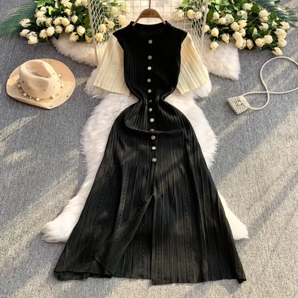 Alternative view of Black Knit Maxi Dress for Women A Line Single Breasted Flare Sleeve Ankle Length