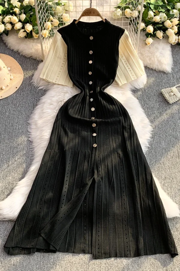 Alternative view of Black Knit Maxi Dress for Women A Line Single Breasted Flare Sleeve Ankle Length