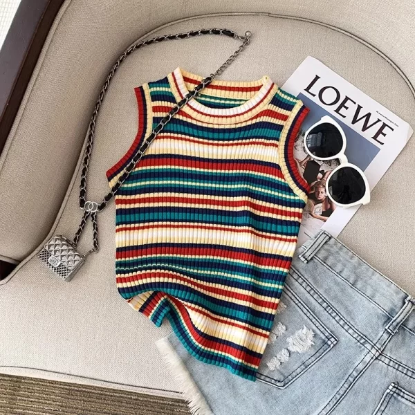 Women Summer Rainbow Striped Knitted Tank Tops Streetwear High Stretch