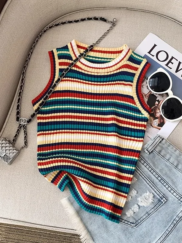 Women Summer Rainbow Striped Knitted Tank Tops Streetwear High Stretch