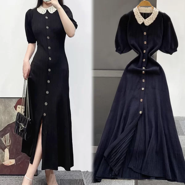 Black Knit Summer Dress for Women A Line Puff Sleeve Mid Calf Length