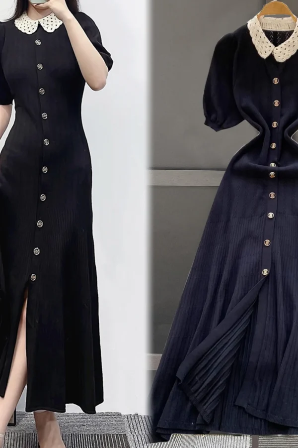 Black Knit Summer Dress for Women A Line Puff Sleeve Mid Calf Length