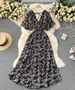 Alternative view of Retro Floral Print A Line Chiffon Midi Dress for Women Summer Vacation