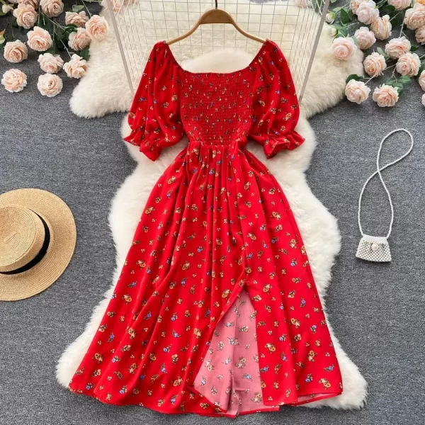 Floral Print Summer Dress for Women Puff Sleeve A Line Mid Calf Beach Style