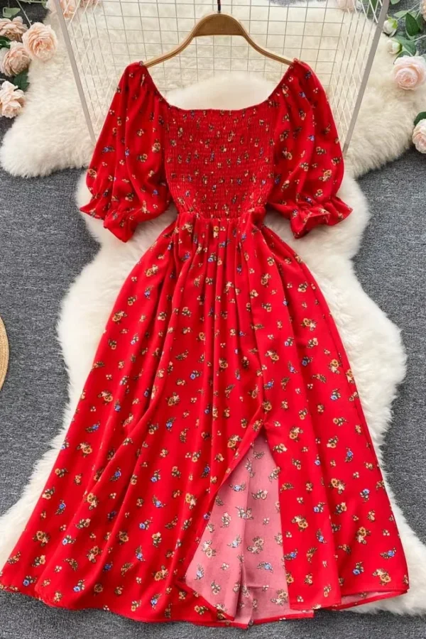 Floral Print Summer Dress for Women Puff Sleeve A Line Mid Calf Beach Style