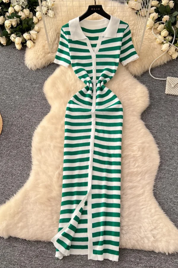 Women's Summer Knit Striped Maxi Dress Streetwear