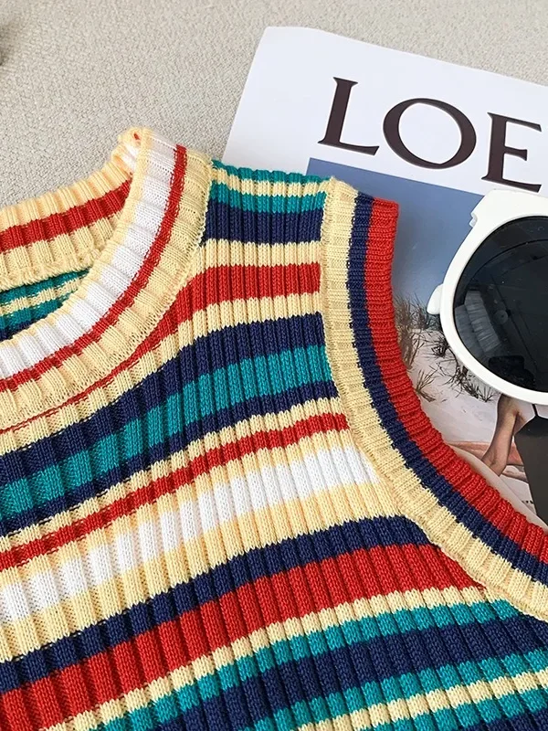 Alternative view of Women Summer Rainbow Striped Knitted Tank Tops Streetwear High Stretch