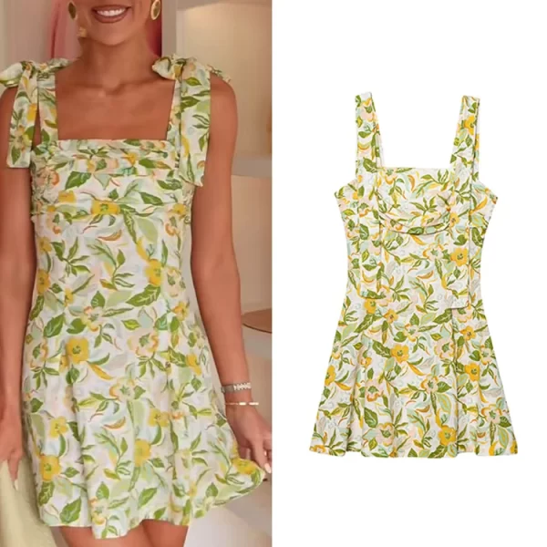 Women Summer Polyester Print Square Collar A Line Mini Dress