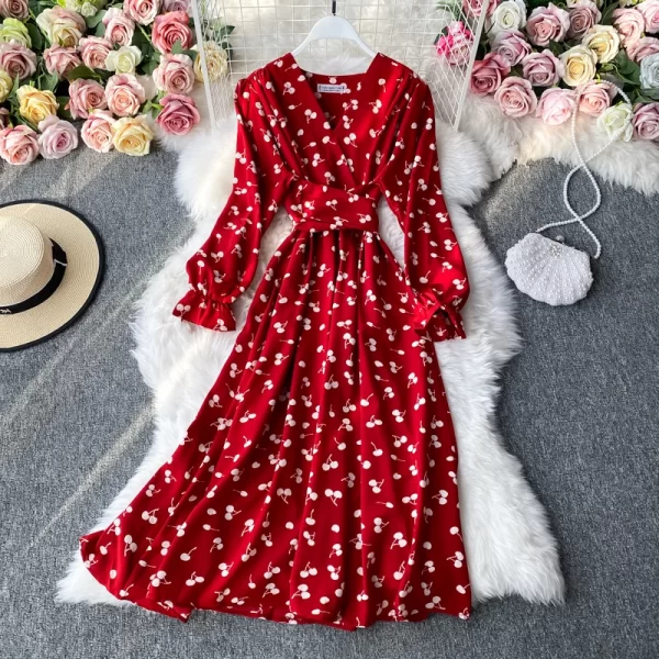 Alternative view of Vintage Floral Polyester A-Line Dress for Women Autumn Full Sleeve Empire Waist Mid-Calf