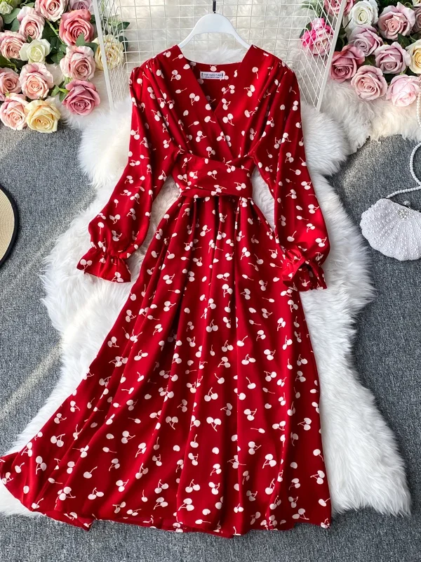 Alternative view of Vintage Floral Polyester A-Line Dress for Women Autumn Full Sleeve Empire Waist Mid-Calf
