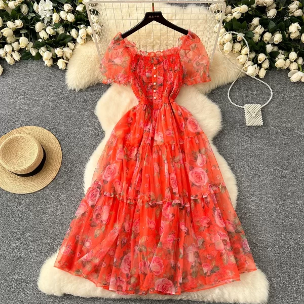 Alternative view of Autumn Floral Slash Neck Puff Sleeve A Line Chiffon Dress