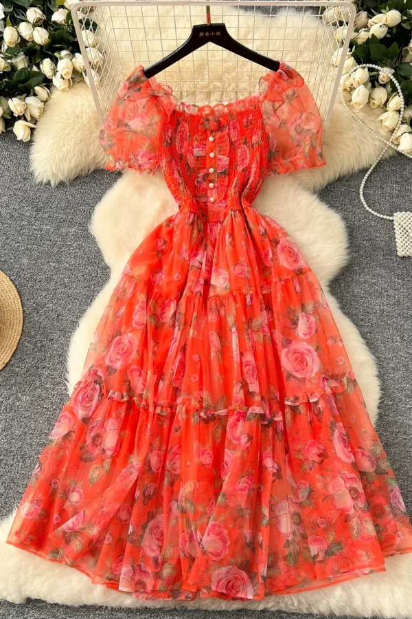 Alternative view of Autumn Floral Slash Neck Puff Sleeve A Line Chiffon Dress