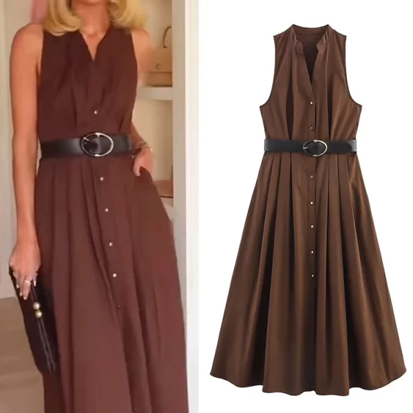 2025 Summer Womens V Neck Sleeveless A Line Belted Casual Dress