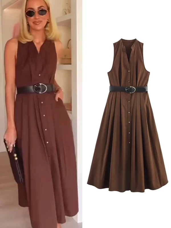 2025 Summer Womens V Neck Sleeveless A Line Belted Casual Dress
