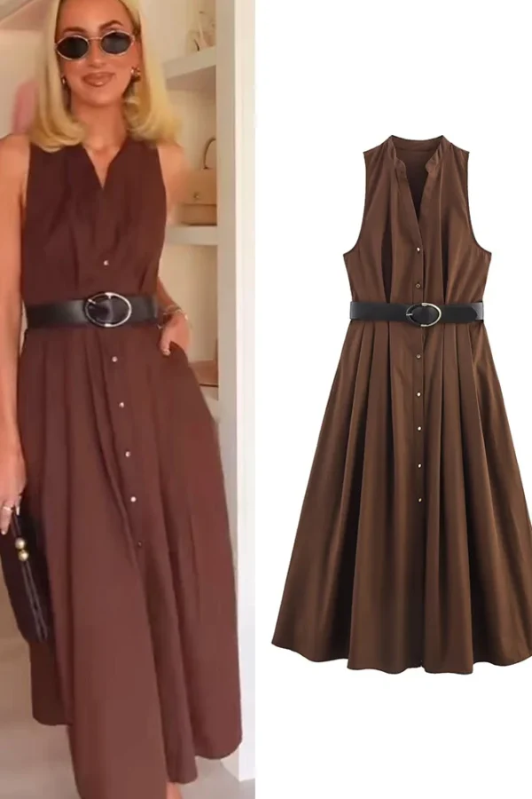 2025 Summer Womens V Neck Sleeveless A Line Belted Casual Dress