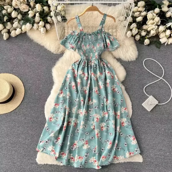 Women Floral Print Off Shoulder Summer Beach Dress A Line Mid Calf Polyester