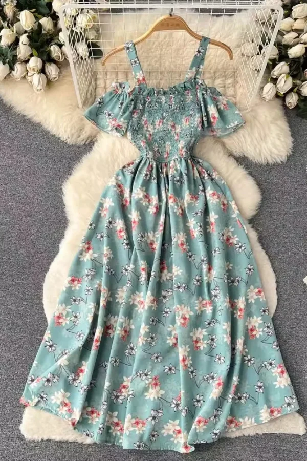 Women Floral Print Off Shoulder Summer Beach Dress A Line Mid Calf Polyester