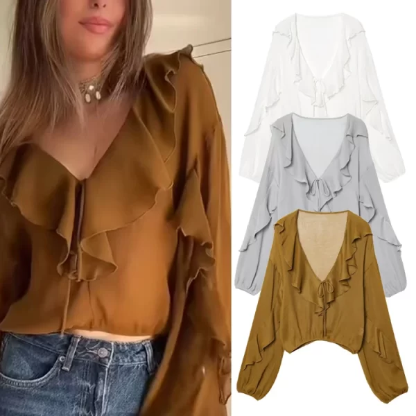 Women V Neck Tiered Ruffle Blouse Summer Casual Long Sleeve Top