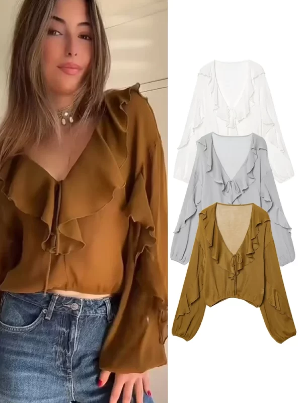 Women V Neck Tiered Ruffle Blouse Summer Casual Long Sleeve Top
