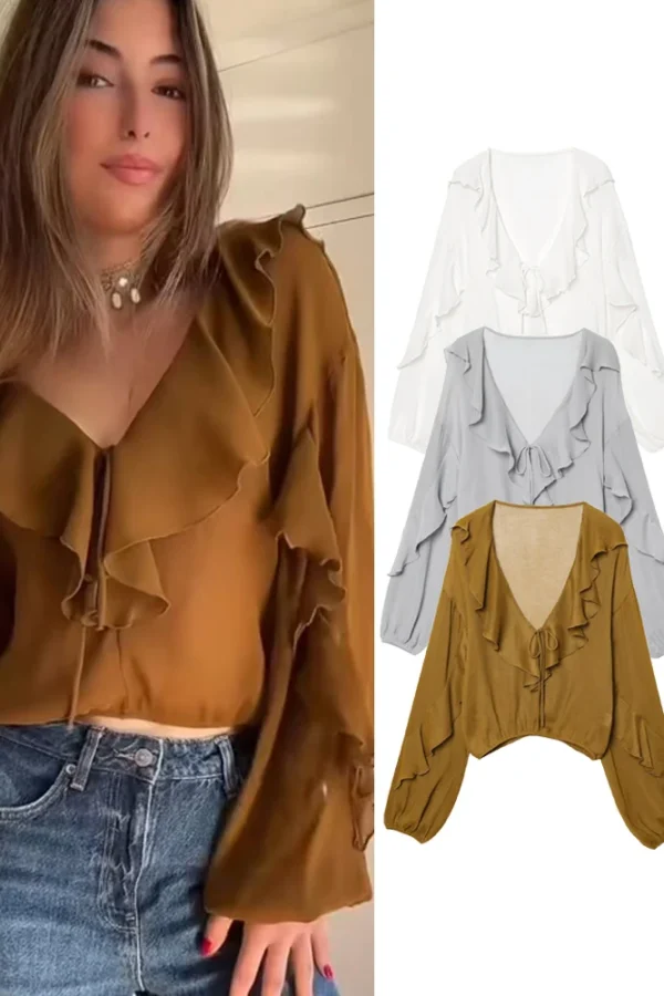 Women V Neck Tiered Ruffle Blouse Summer Casual Long Sleeve Top