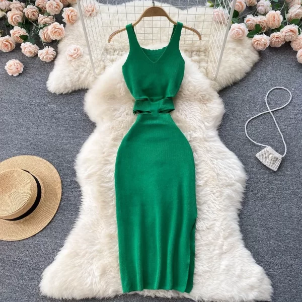 Alternative view of Women Sexy Cut Out Knit Dress V Neck Slim Fit Mid Calf Summer