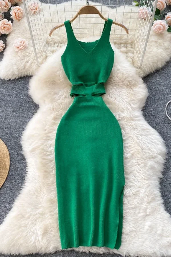 Alternative view of Women Sexy Cut Out Knit Dress V Neck Slim Fit Mid Calf Summer