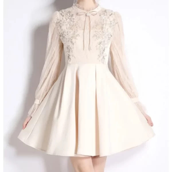 Alternative view of Retro O-Neck A-Line Long Sleeve Embroidered Beads Dress
