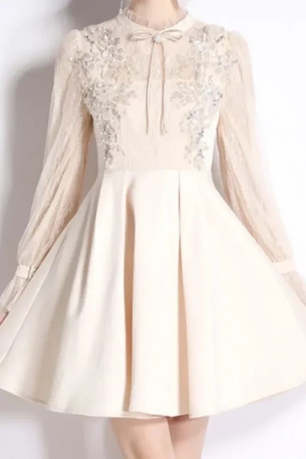 Alternative view of Retro O-Neck A-Line Long Sleeve Embroidered Beads Dress