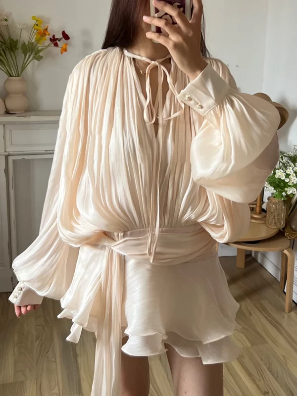 Womens Autumn V-Neck Long Sleeve A Line Mini Dress Sweet Style