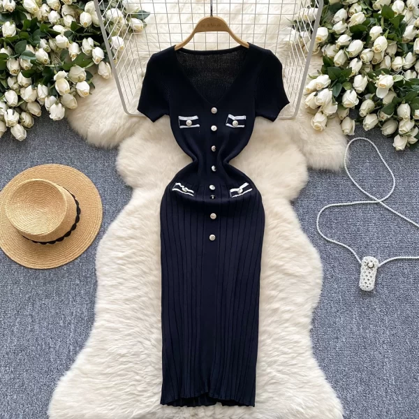 Alternative view of Women V Neck Short Sleeve Knit Bodycon Dress Office Lady Style Knee Length